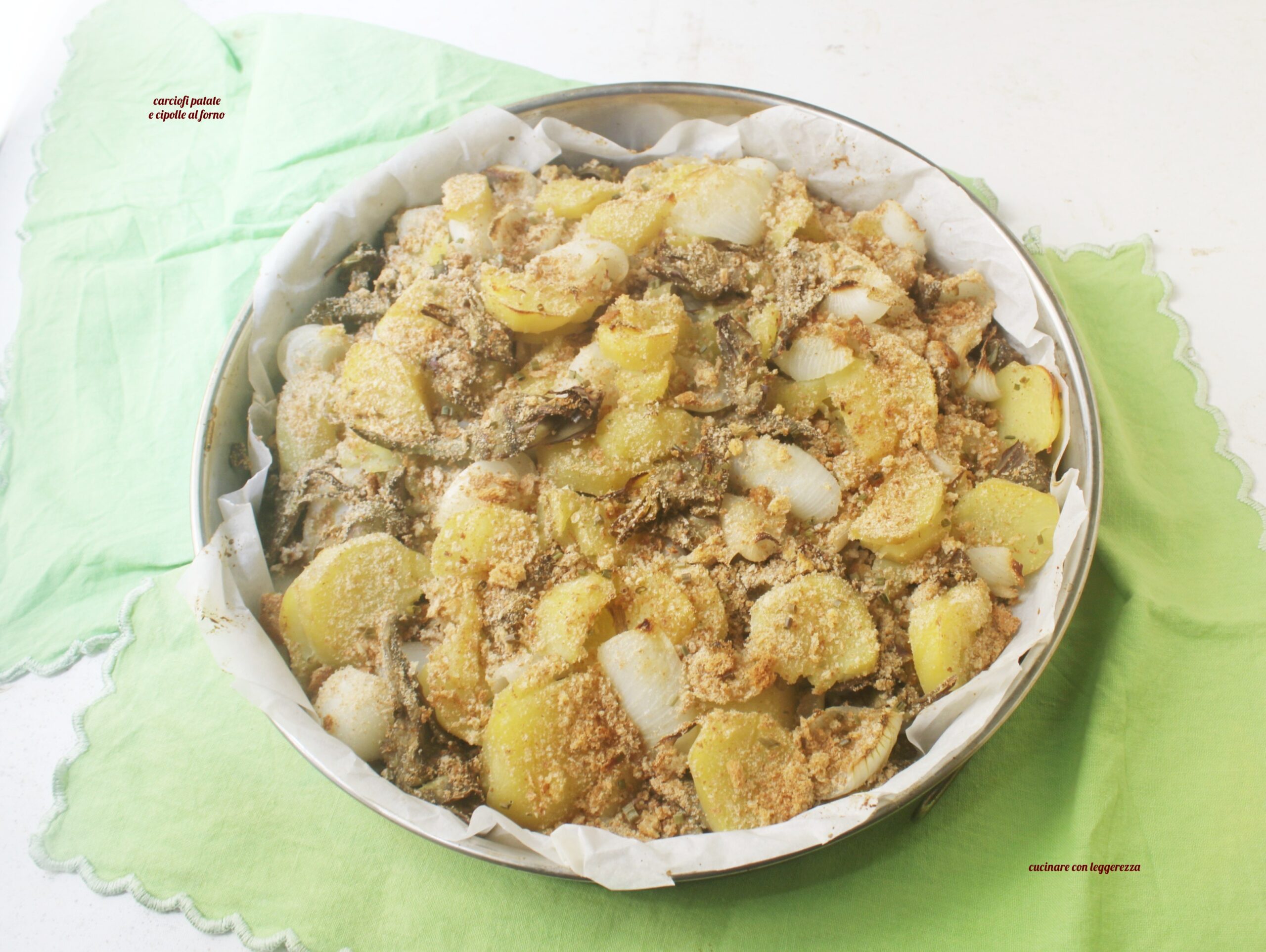 Baked artichokes, potatoes and onions