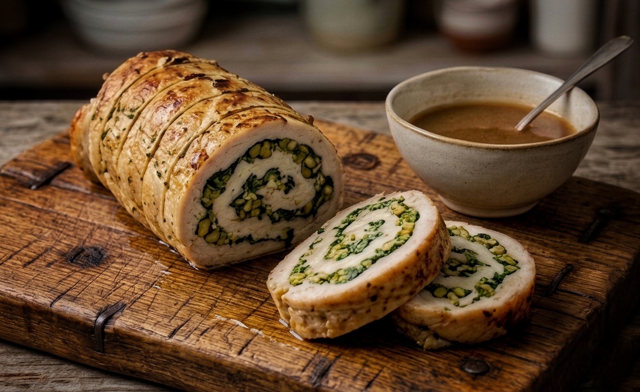 CHICKEN ROLL WITH PISTACHIOS, BABY SPINACH AND RICOTTA