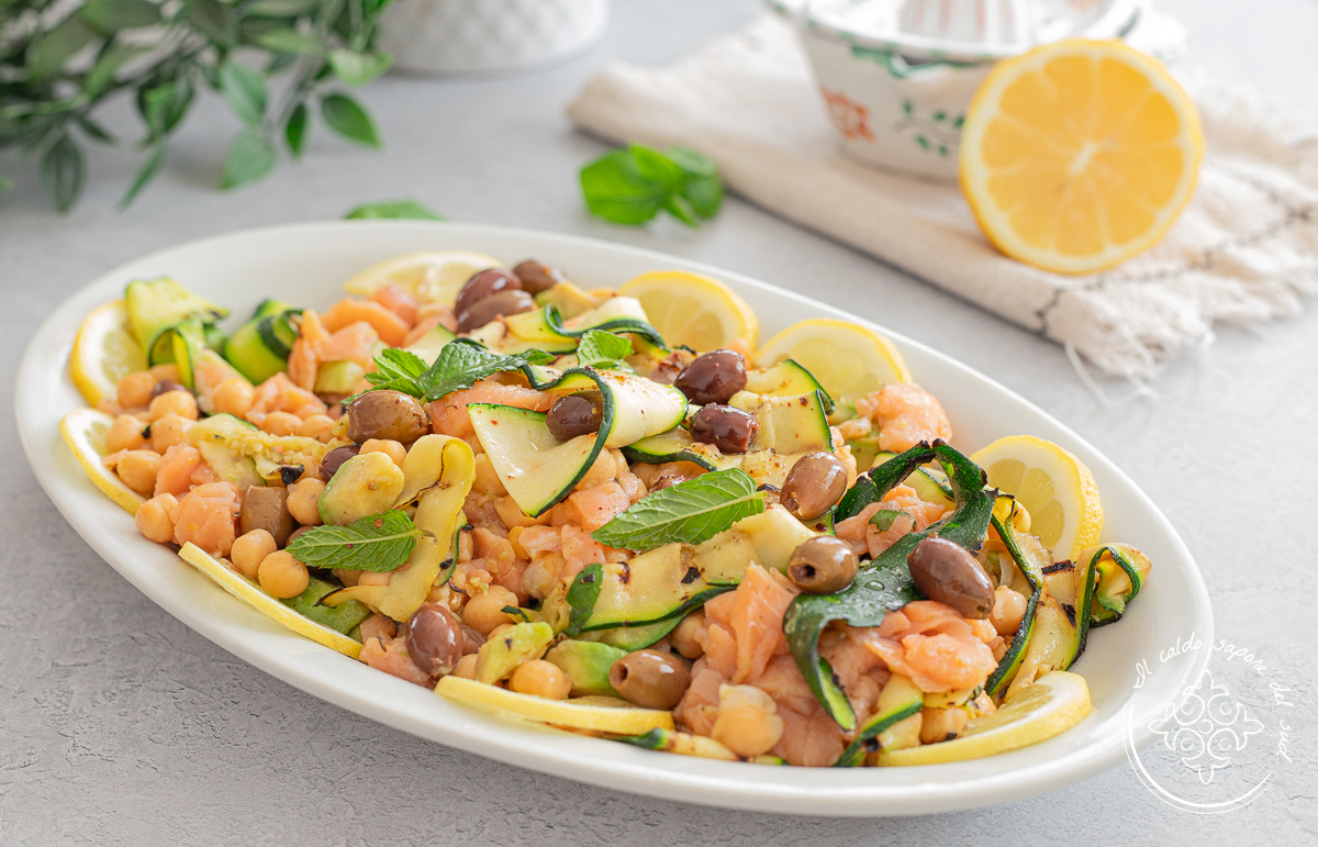 Grilled Zucchini Salad with Salmon and Chickpeas