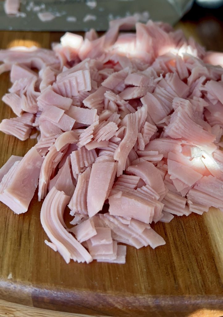 Cooked ham cut into pieces for the pie filling