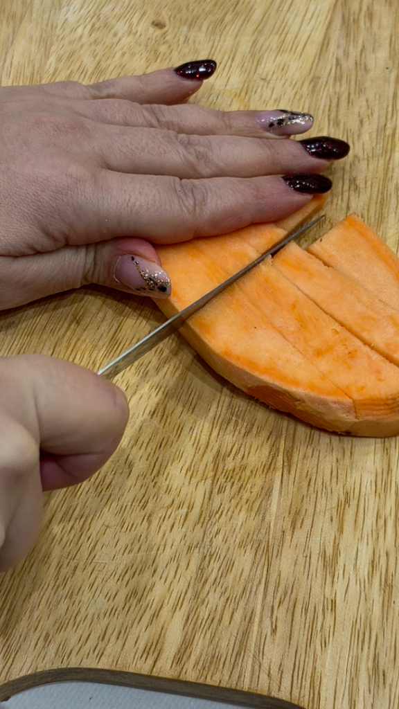 We cut the sweet potatoes into sticks