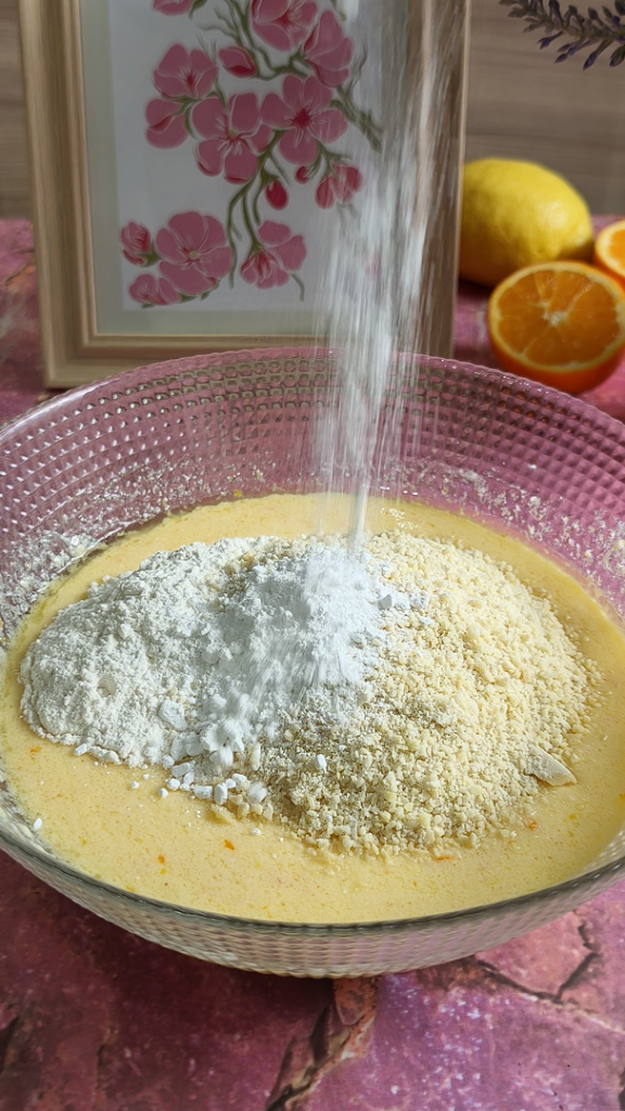 Incorporate the flours and baking powder