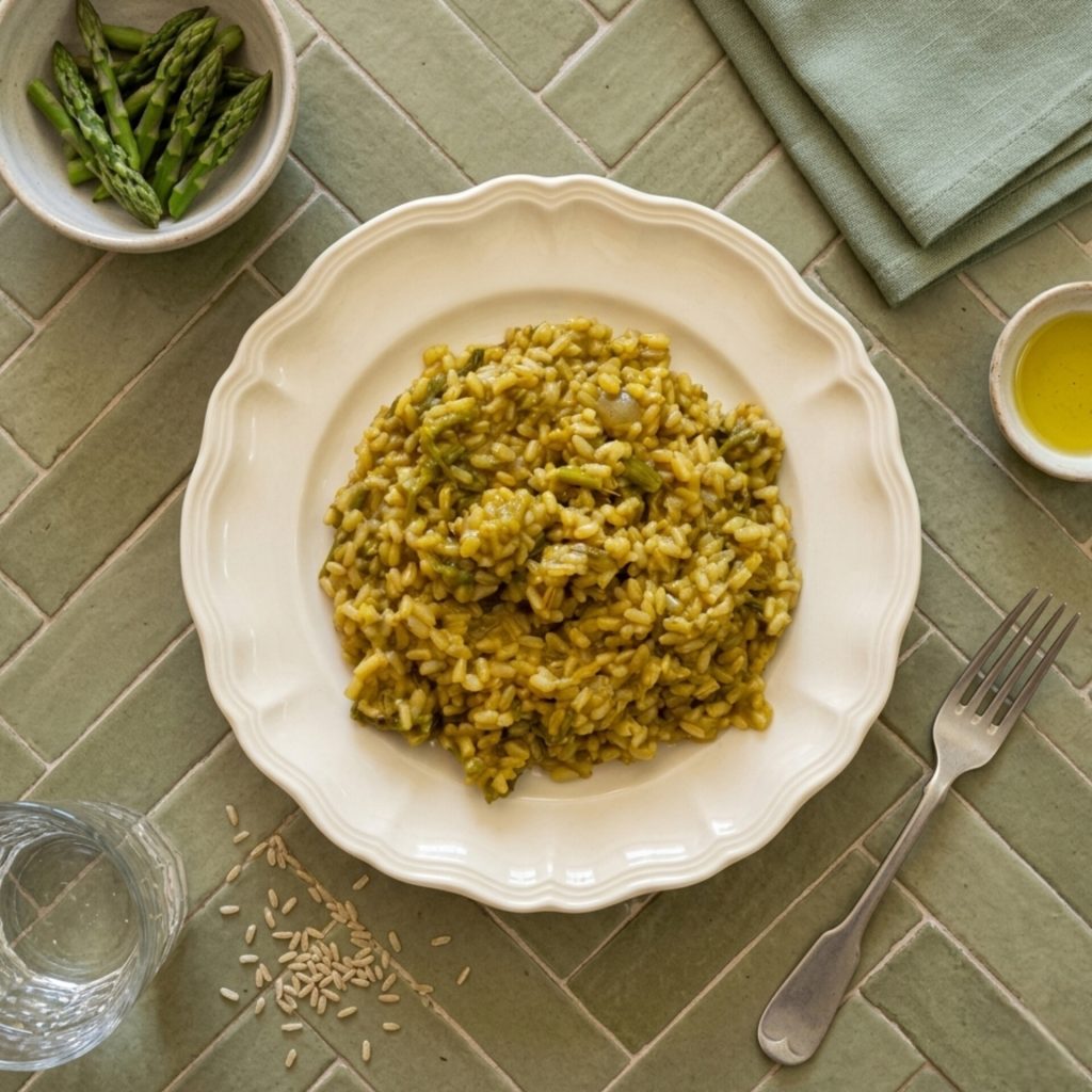 Wholegrain Risotto with Wild Asparagus and Saffron
