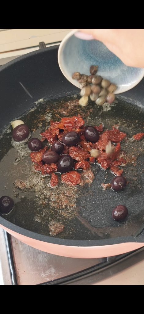 Oil, butter, black olives, capers, anchovies