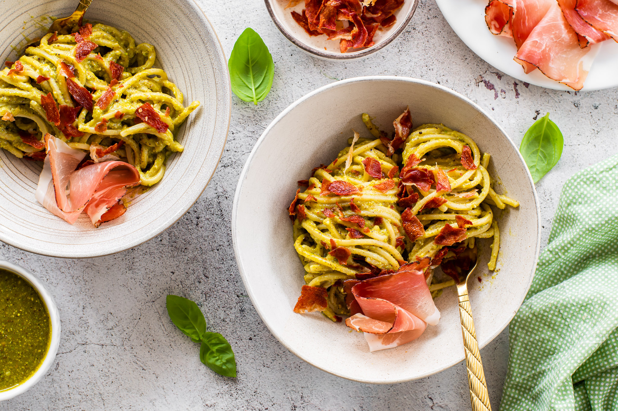 Spaghetti with Pistachio Pesto and Speck Alto Adige PGI