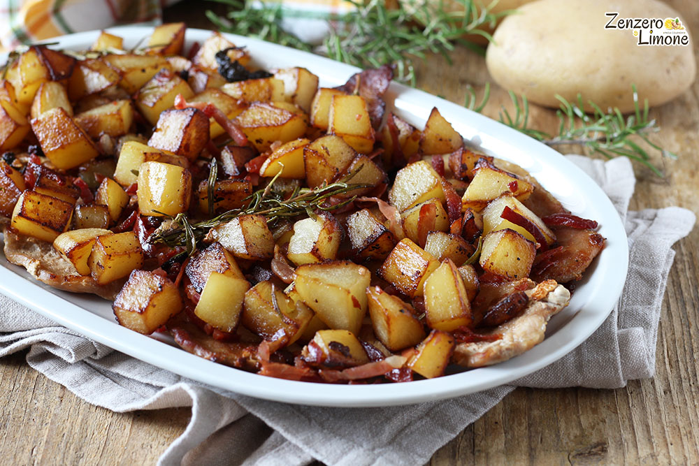 Pork loin with golden potatoes and speck