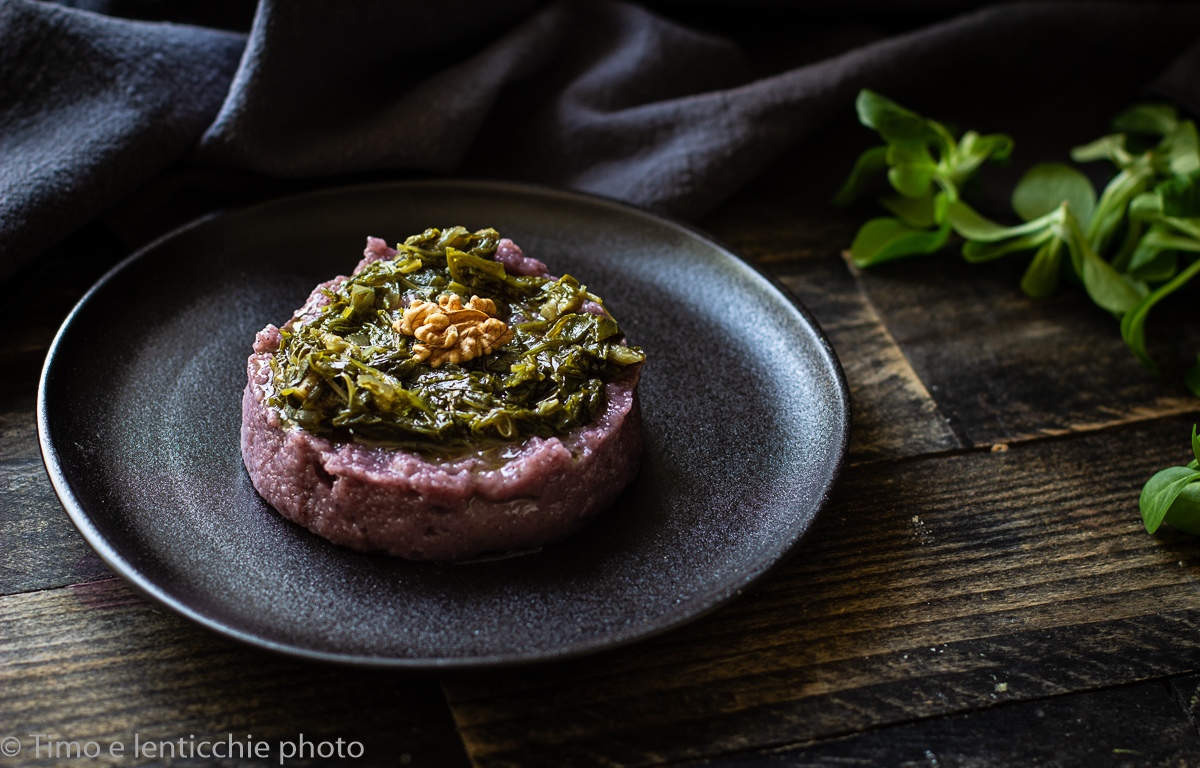 Rampussolo, raperonzolo on black rice polenta