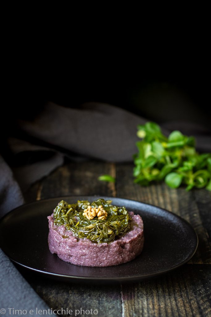 Raperonzolo, rampussolo on black rice polenta