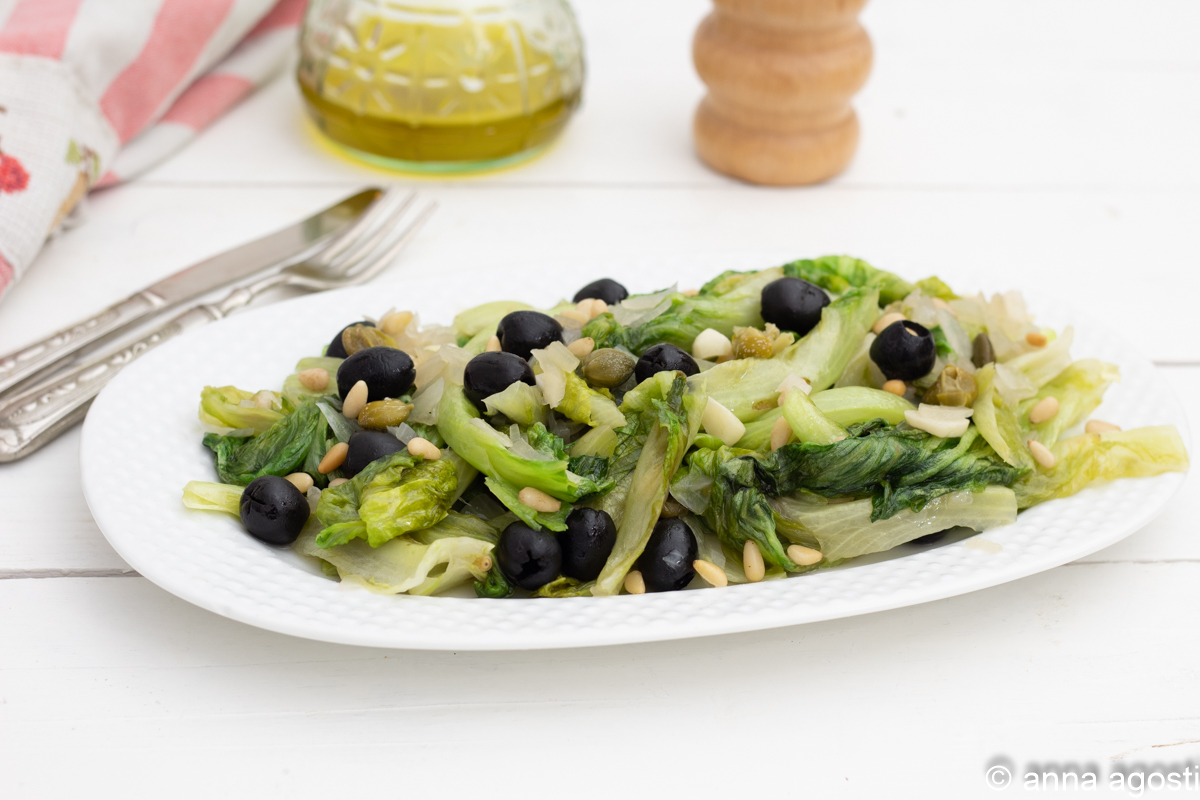 RECIPE PAN-COOKED LETTUCE WITH OLIVES AND PINE NUTS