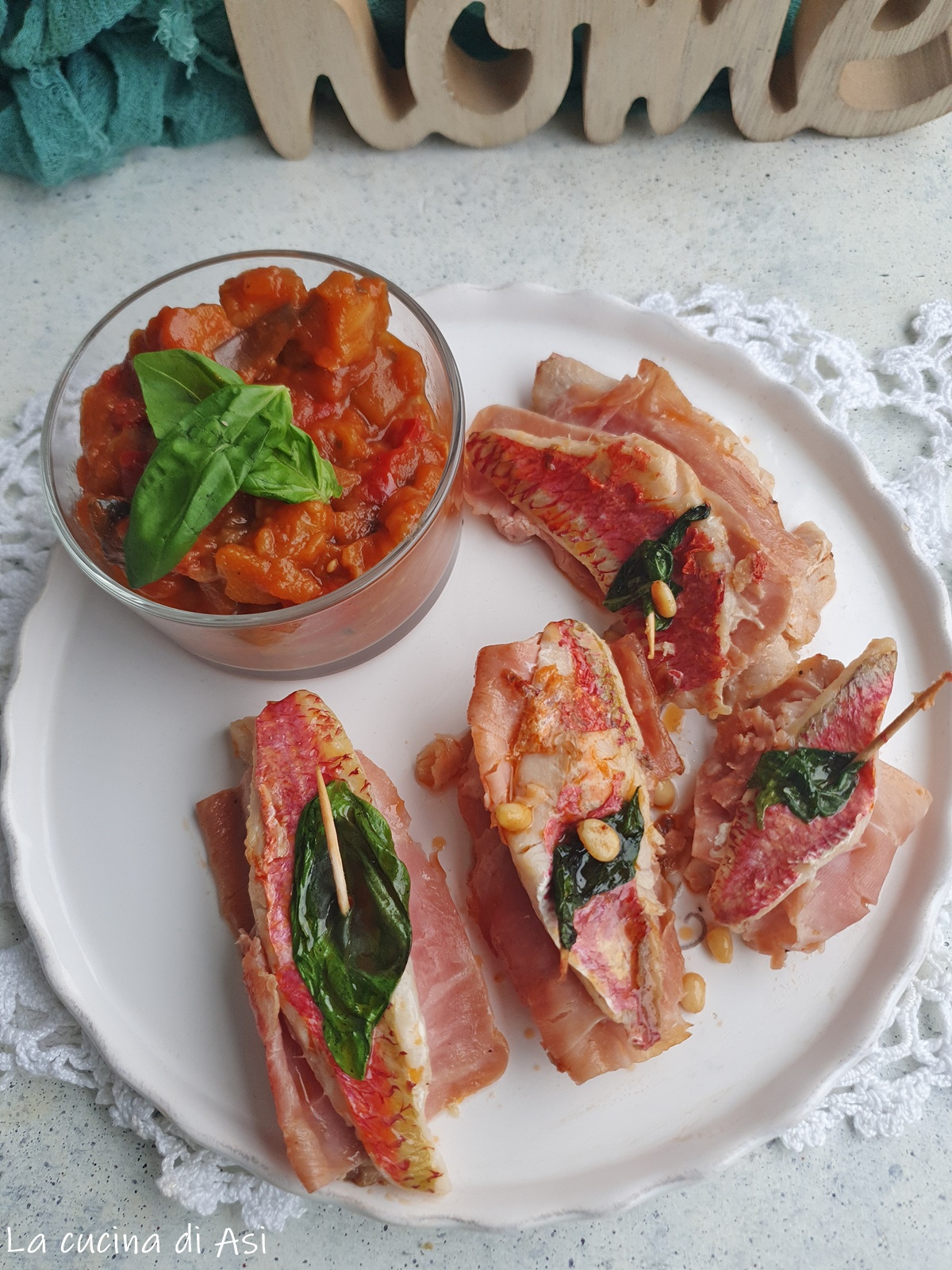Red Mullet Saltimbocca with Cooked Ham and Pine Nuts, Easy and Quick Fish Main Course