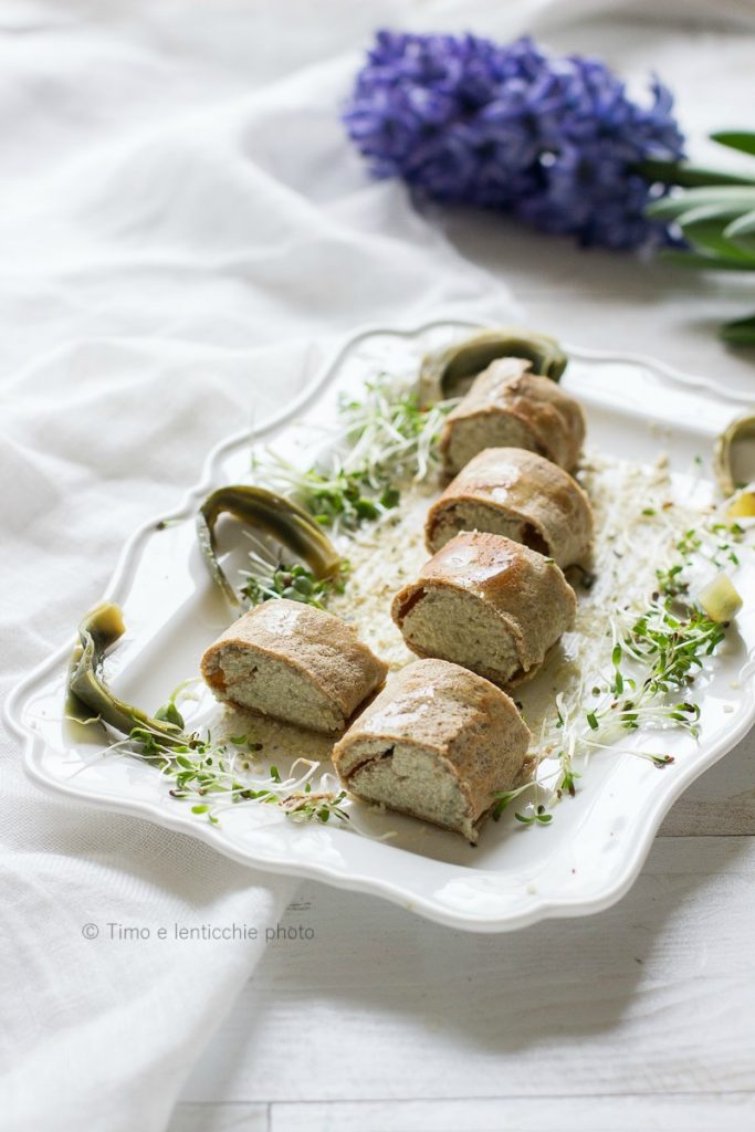 Millet crepe rolls filled with artichokes, walnuts and tofu