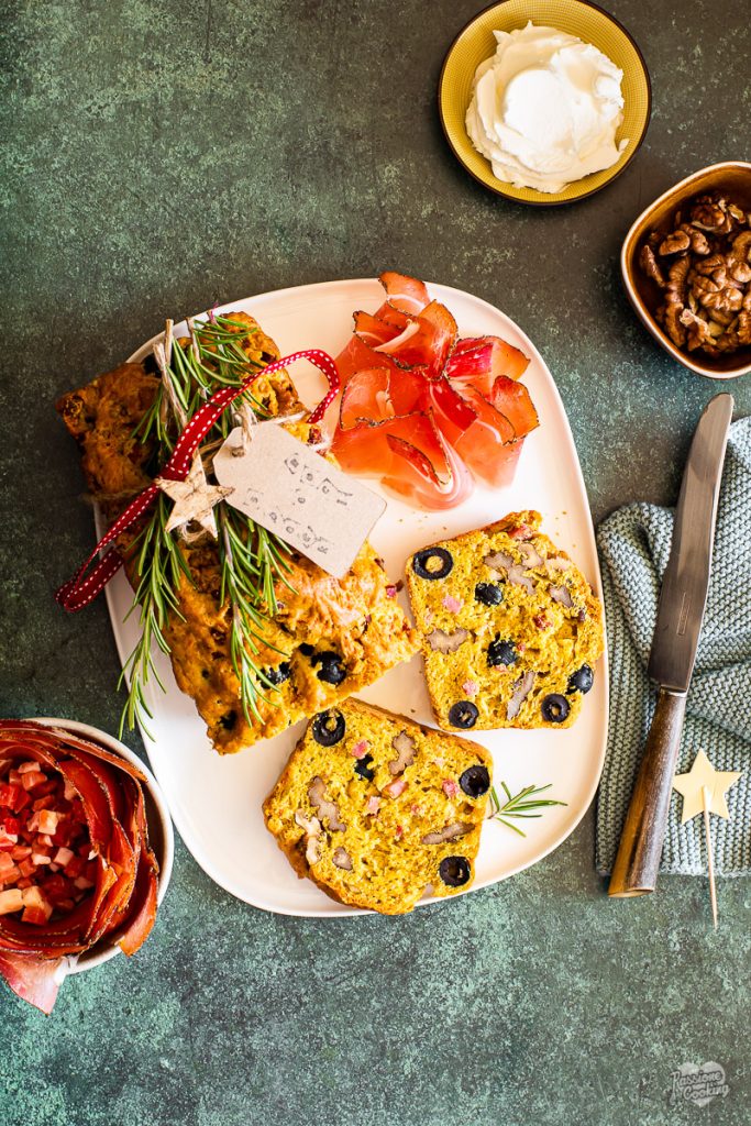 Savory loaf cake with Speck, olives and walnuts