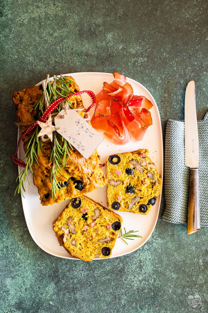 Savory loaf cake with Speck, olives and walnuts