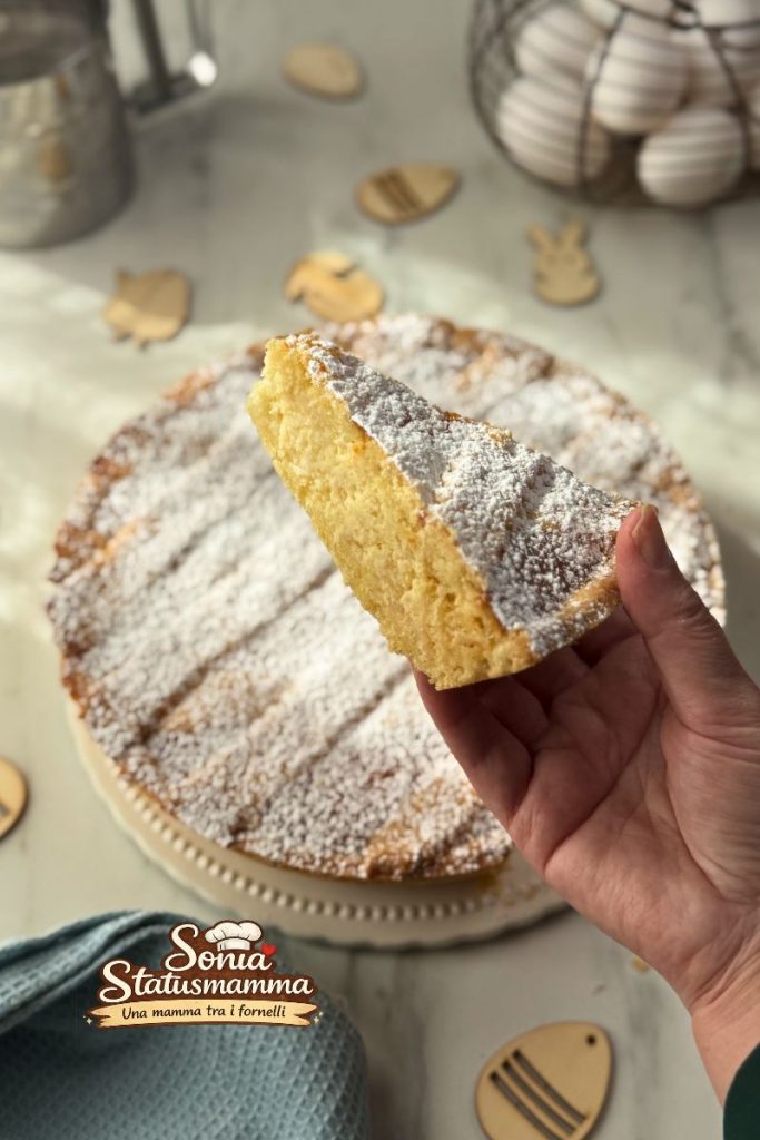 Traditional rice pastiera whole with 7 lard-shortcrust strips on a marble surface, vertical framing.