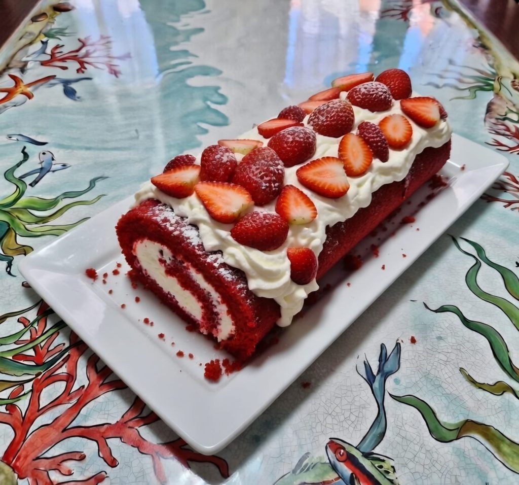 Red Velvet Roll with Cream and Strawberries