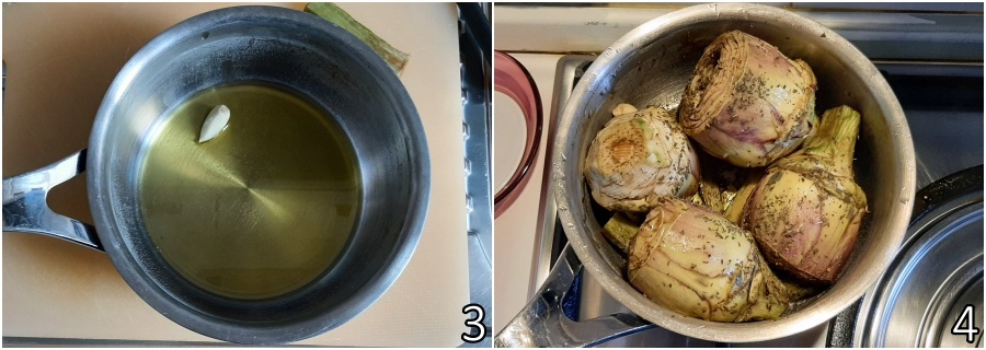 b. put the artichokes on the heat with oil and garlic