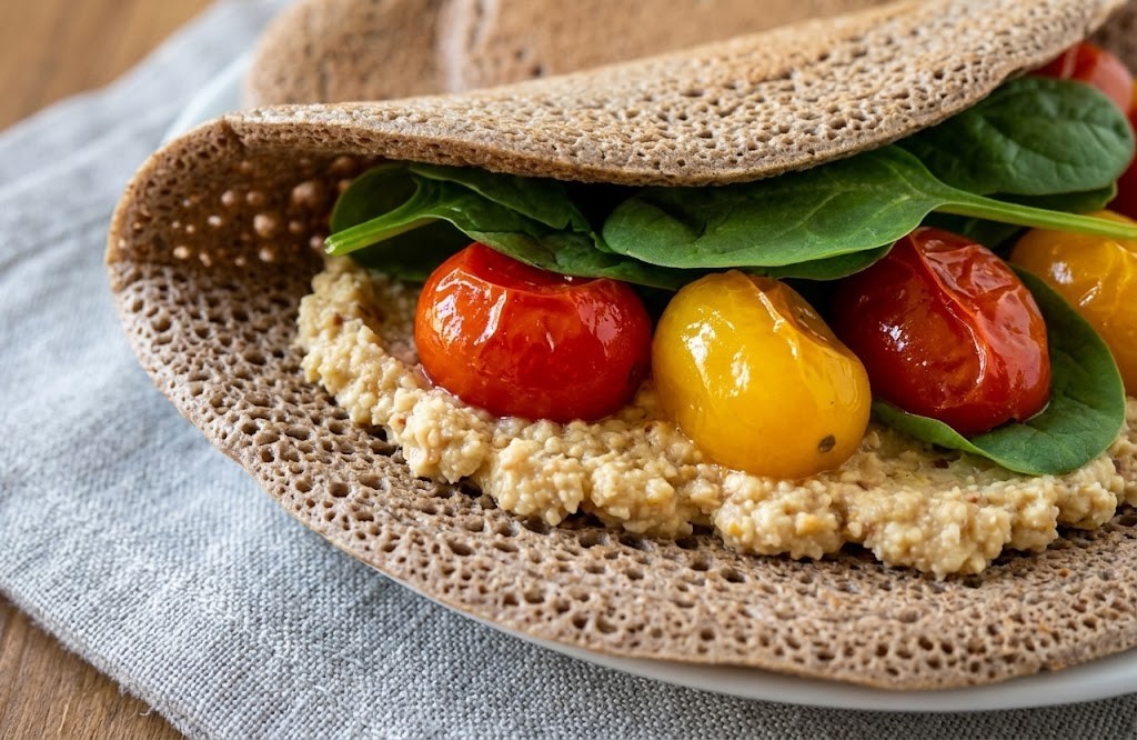 Buckwheat Flatbreads with Hummus and Cherry Tomatoes