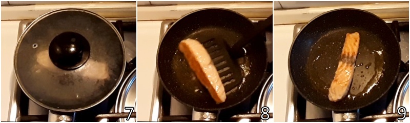 c. cook the salmon in the pan covered on both sides