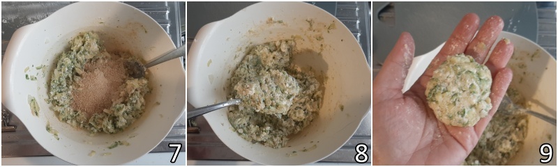 c. form the mixture for the Greek zucchini meatballs, thickening it with breadcrumbs