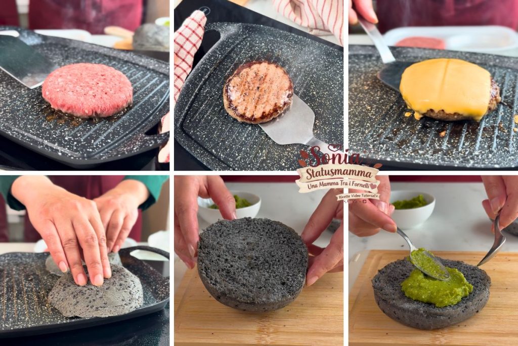 cooking hamburger with melting cheddar and charcoal bun toasted on the grill, topped with zucchini pesto