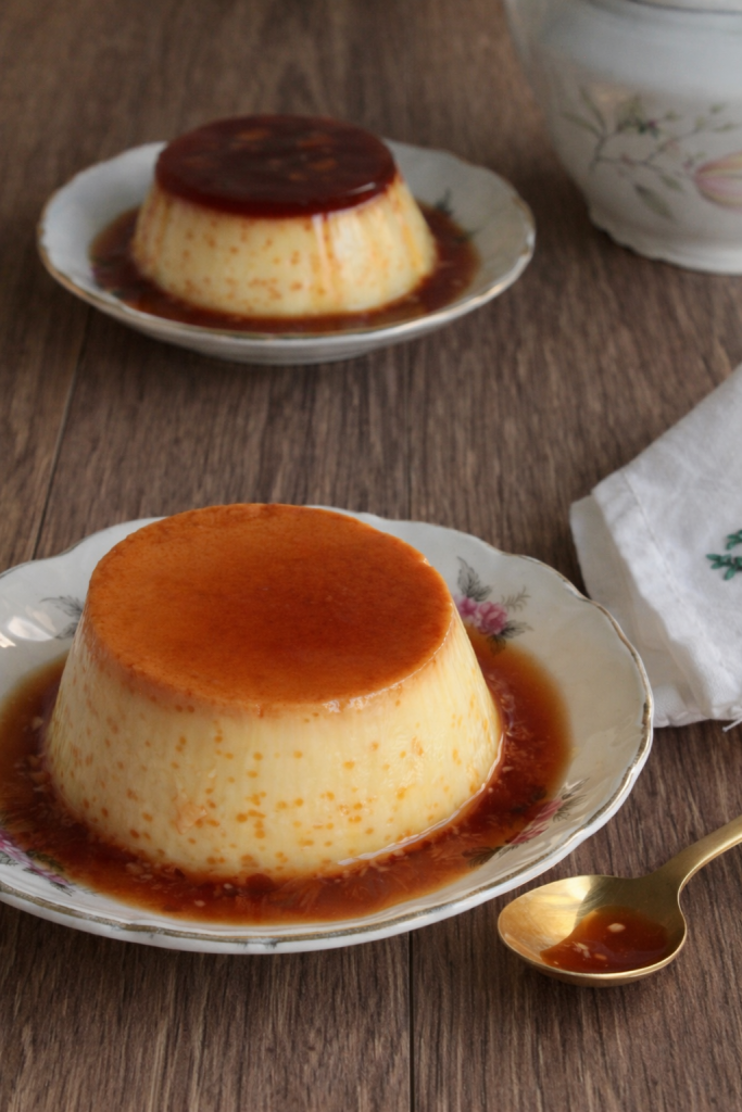 Whole crème caramel dessert with golden caramel