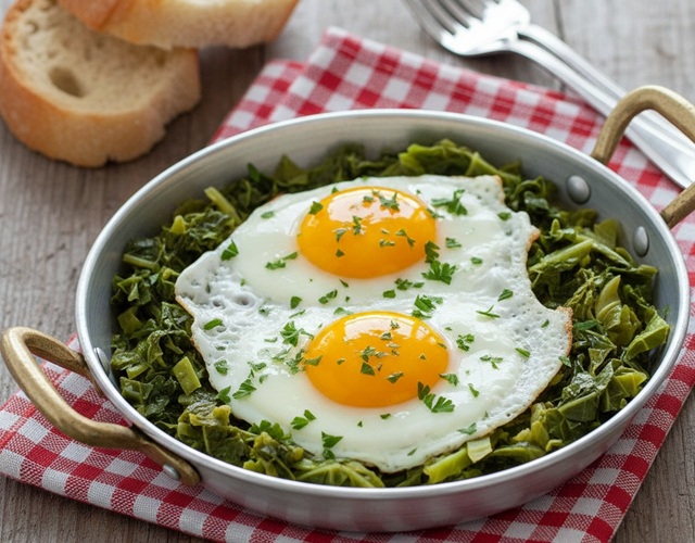 Fried Eggs in a Pan with Savoy Cabbage