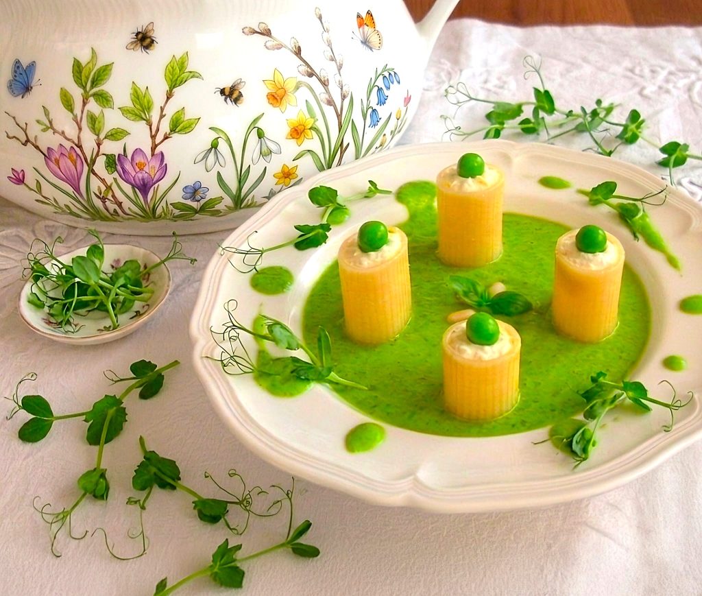 Standing Paccheri with Ricotta Cream on a Pea Velouté