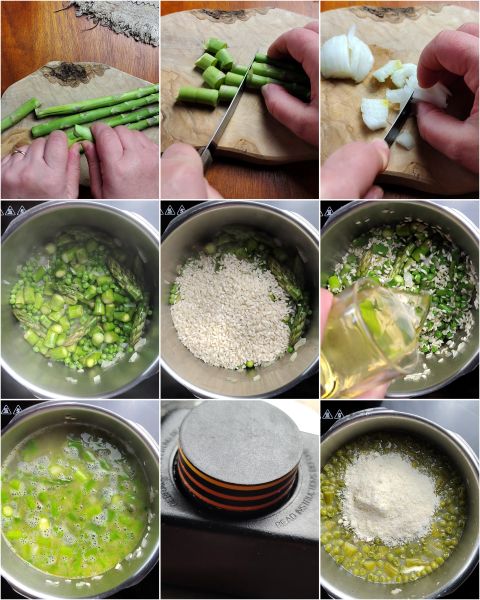preparation of asparagus and pea risotto
