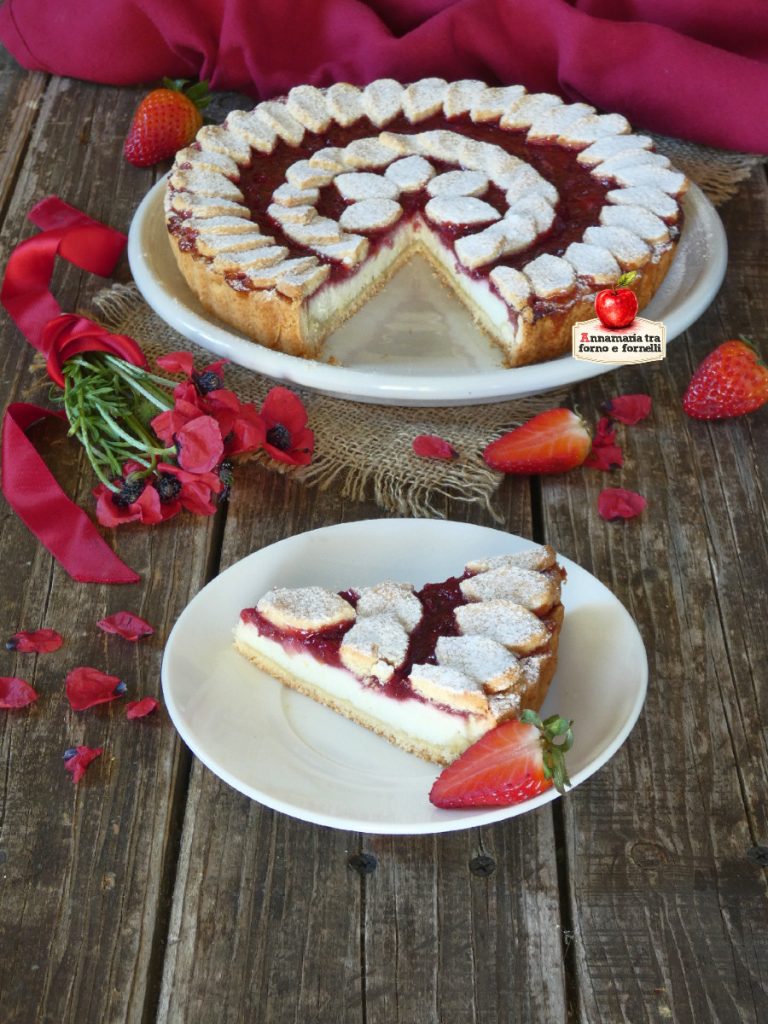 ricotta and strawberry tart on wooden board