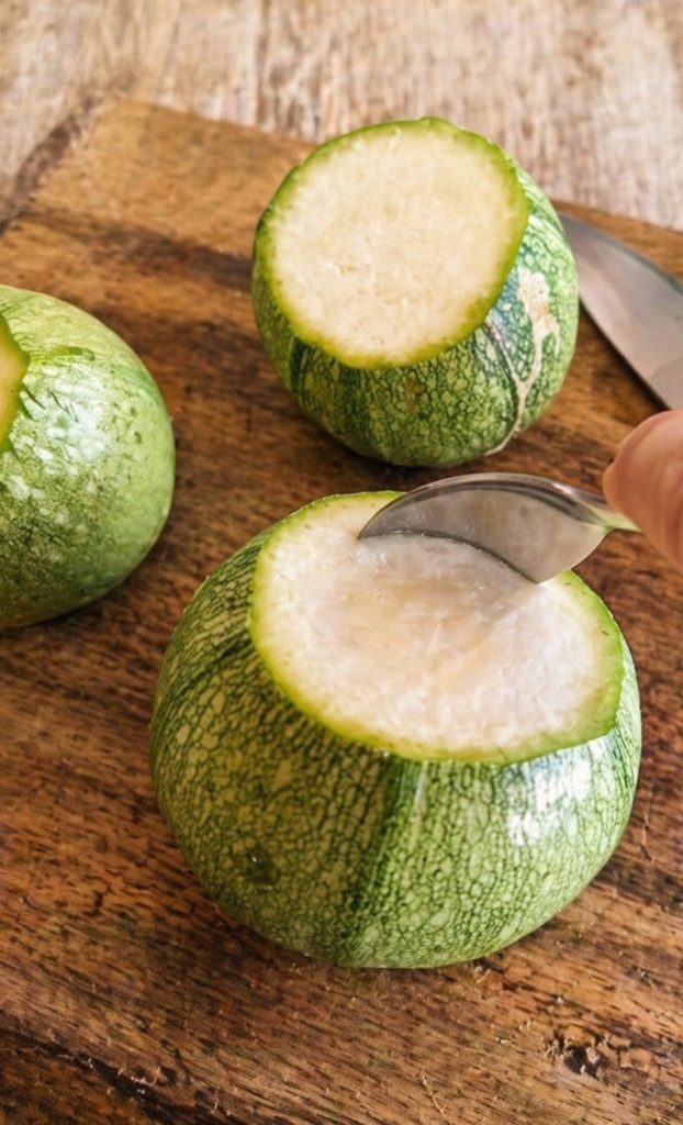 Whole round zucchini on a rustic cutting board before preparation