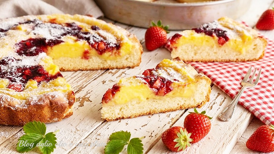 Soft tart with lemon cream and strawberries, fluffy and creamy