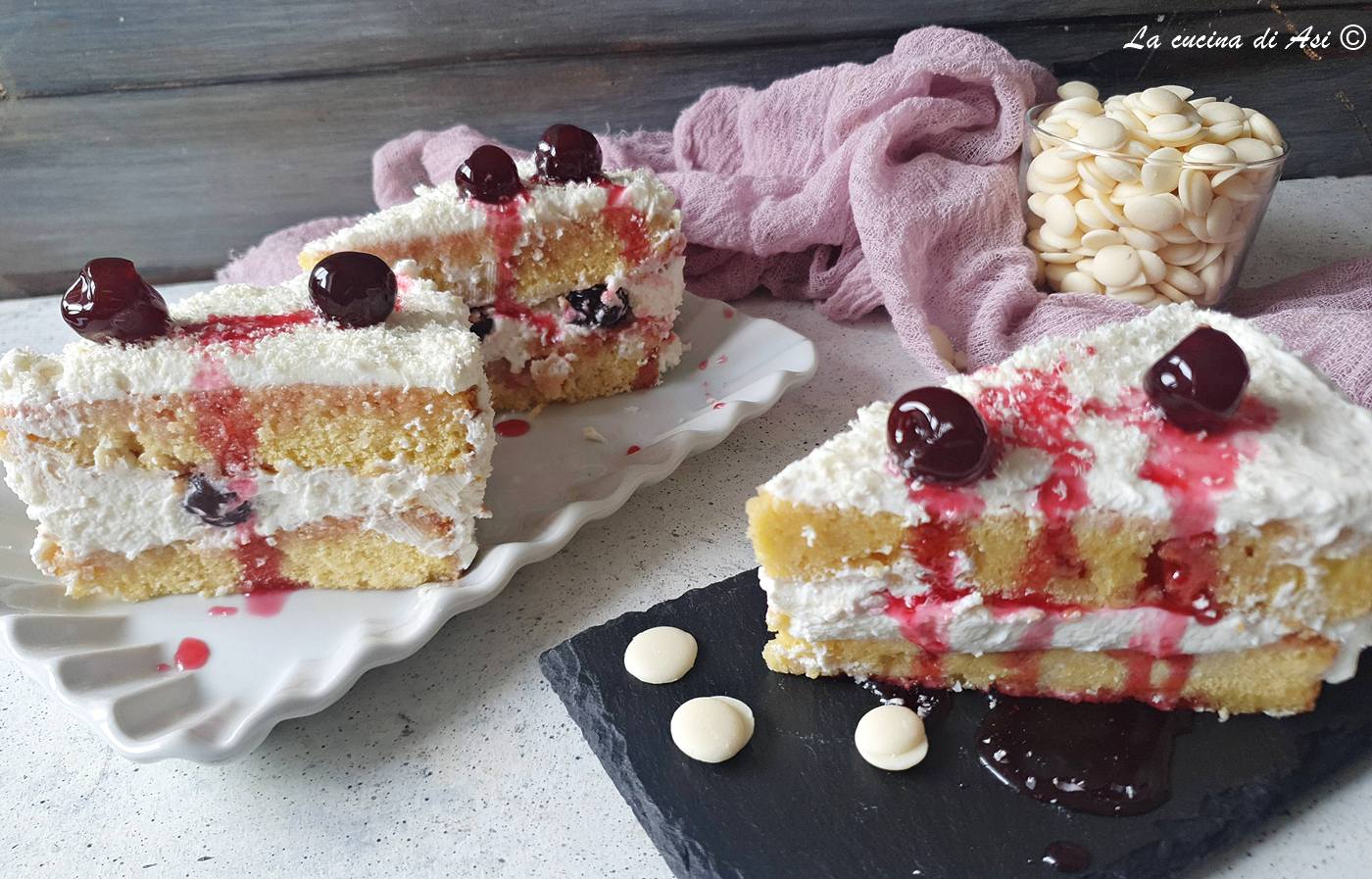 Chocolate cake with mascarpone cream and sour cherries