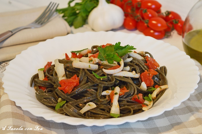 Squid Ink Tagliatelle with Cuttlefish and Cherry Tomatoes
