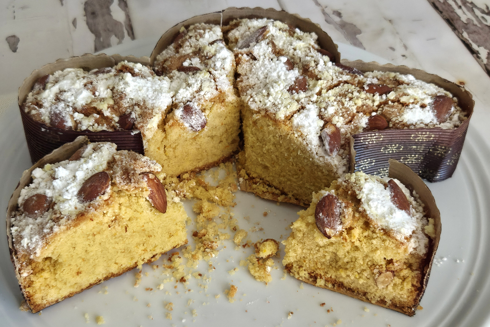 slice of the orange and almond crinkle colomba