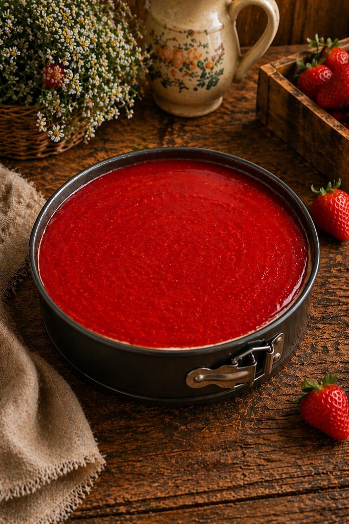 Glossy strawberry gelée on top of the cheesecake in the mold