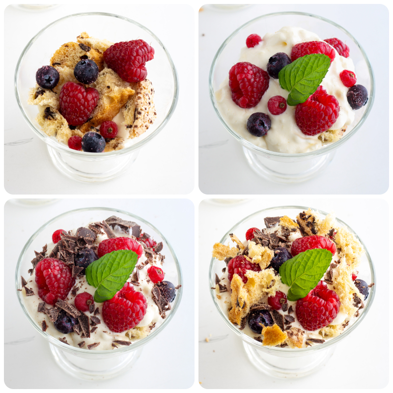 tiramisu layers with colomba, berries and dark chocolate