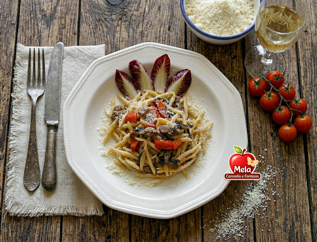 Trofie with Trevigiano radicchio, sausage and cherry tomatoes