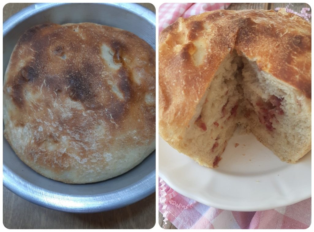 Salziger Osterhefekuchen mit Käse und Salami
