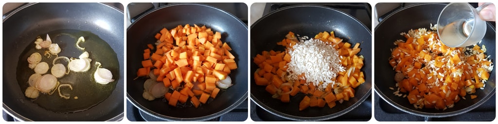 Zubereitung des Kürbisrisottos mit Gorgonzola