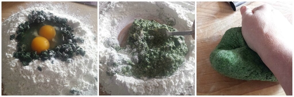 grüne tagliatelle mit wurst und kürbis