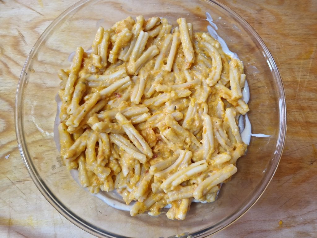 Gebackene Pasta mit Kürbis und Speck