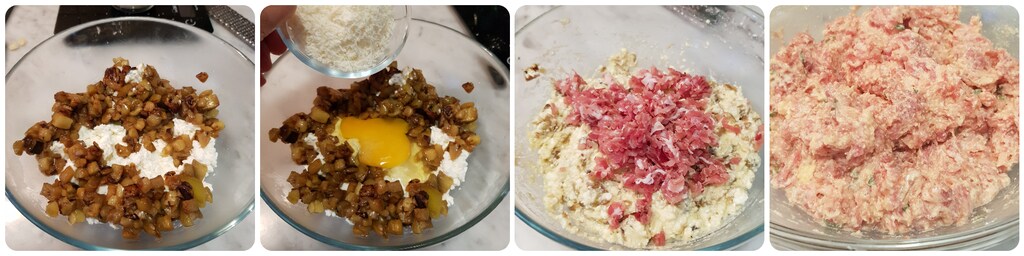 tortelli mit Auberginen, Ricotta und Speck in Tomatensoße