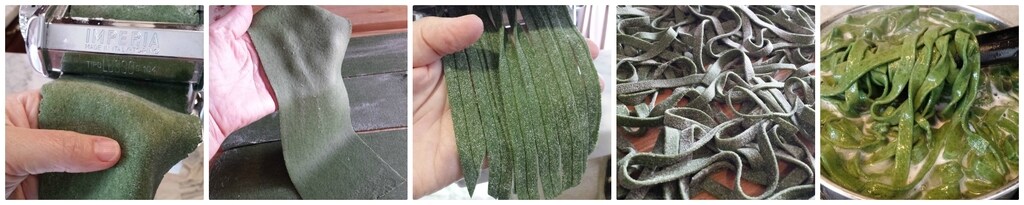 grüne tagliatelle mit wurst und kürbis