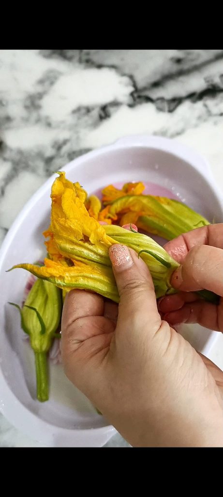 Wir reinigen die Zucchiniblüten