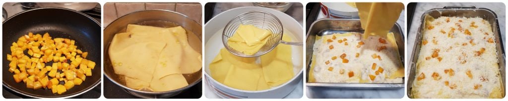 lasagne aus dem Ofen mit Kürbis und Wurst