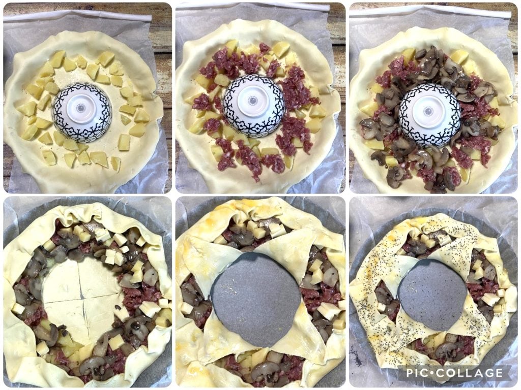 Rustikaler Kuchen mit Pilzen und Wurst