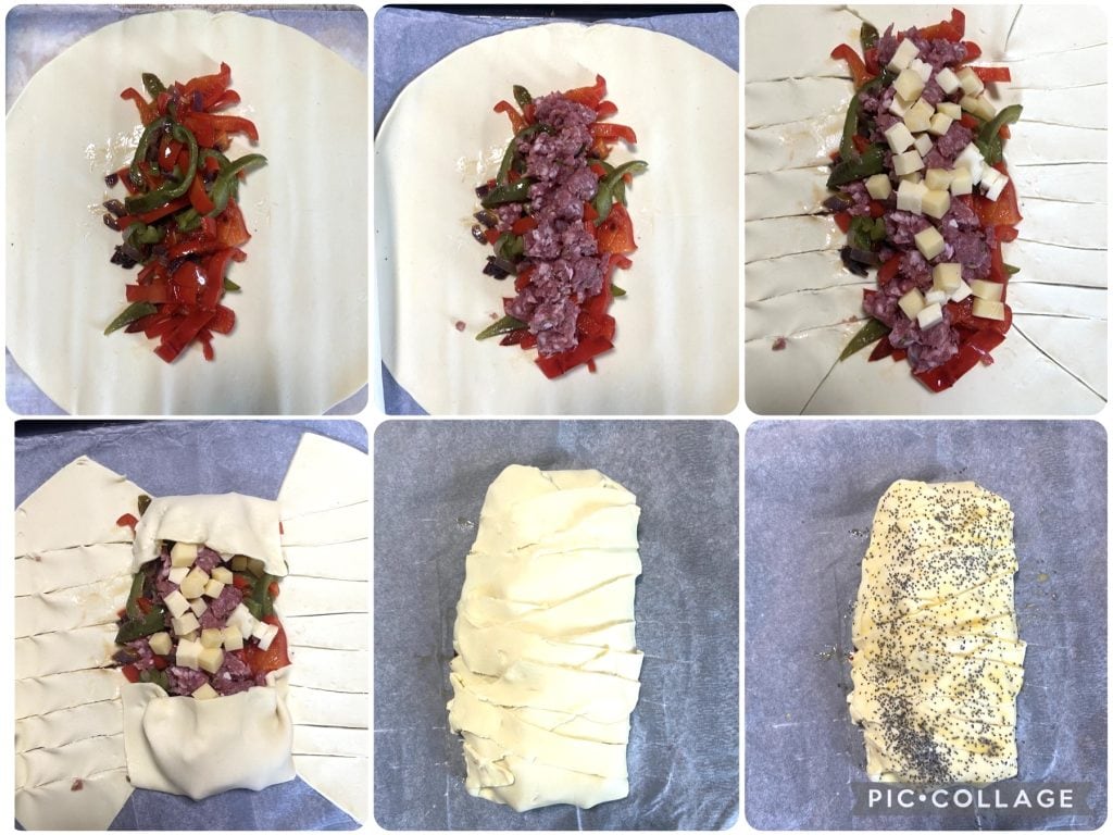 Rustikales Gebäck mit Wurst und Paprika