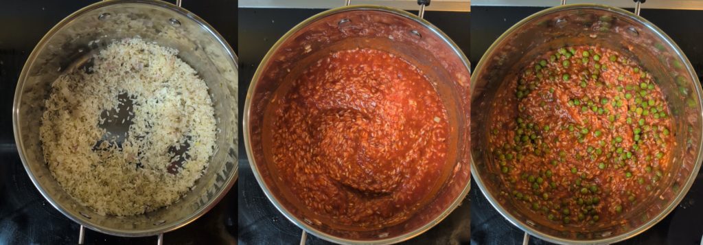 Reis mit gefrorenen Erbsen und Tomaten: einfach, schnell und cremig