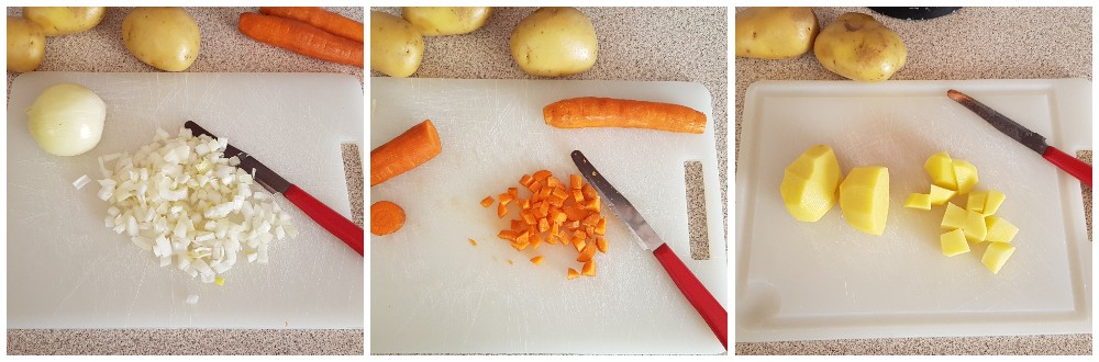 schneide Zwiebeln, Karotten und Kartoffeln