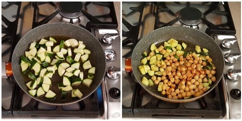Zucchini und Kichererbsen in der Pfanne
